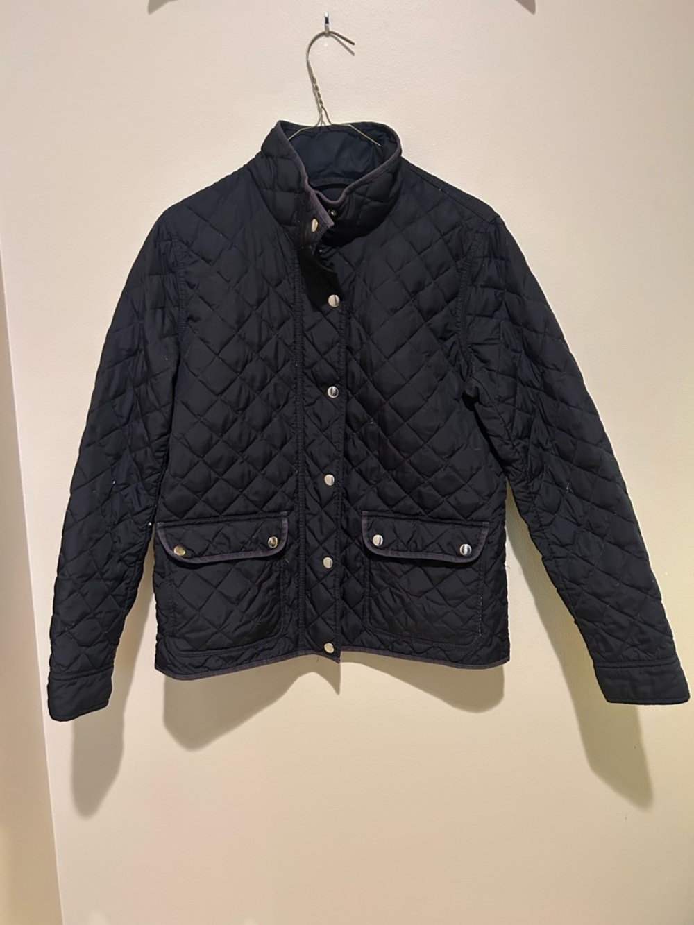 J. Crew Quilted Black Button-Front Down Jacket W/ Pockets & Gold Buttons Size M